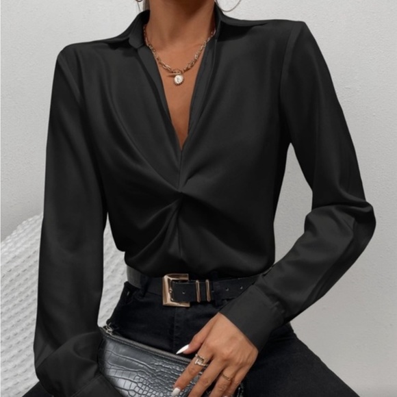 Twist Front Black Office Shirt Long Sleeve Collar Neckline V-Neck - Picture 1 of 7